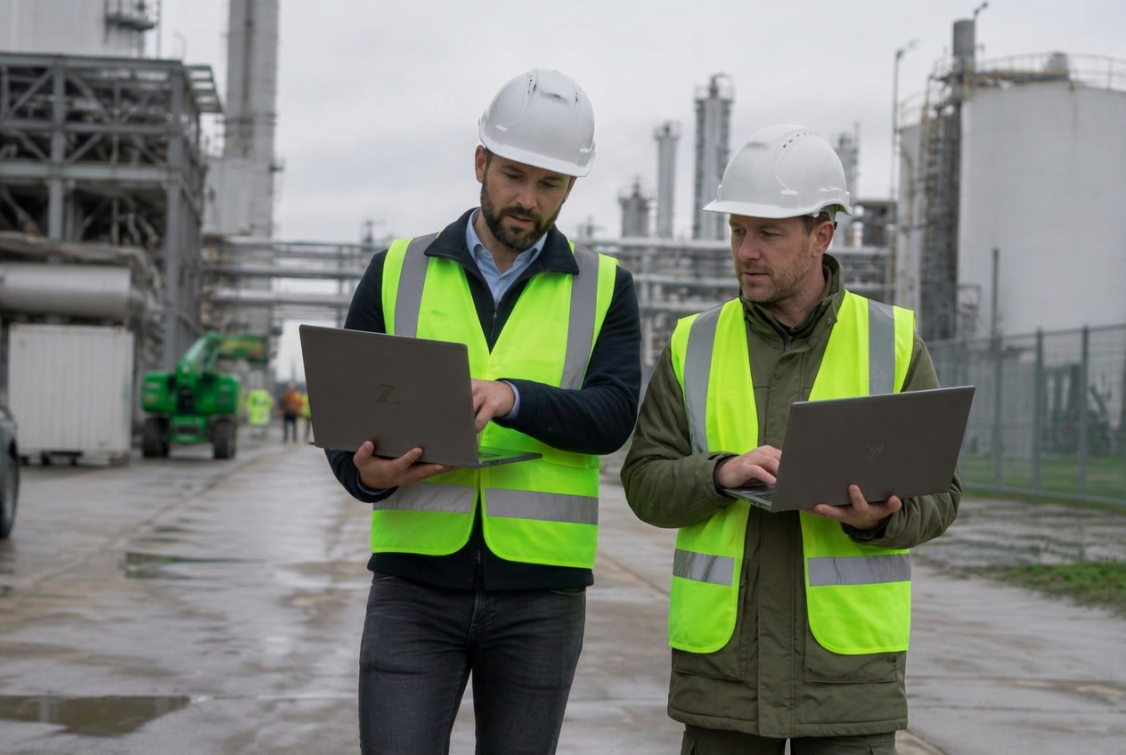 Twee adviseurs van RIE Expert bespreken met laptops de situatie op locatie